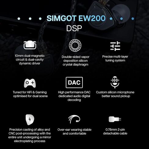 Linsoul Simgot EW200 10MM SCP Diaphragm Diphragm Driver داخل الأذن مع جميع جسم معدني ، قابلة للفصل 0.78 مم 2Pin 2pin كابل OFC الفضة لموسيقيي Audiophiles (EW200 بدون MIC) in Saudi Arabia