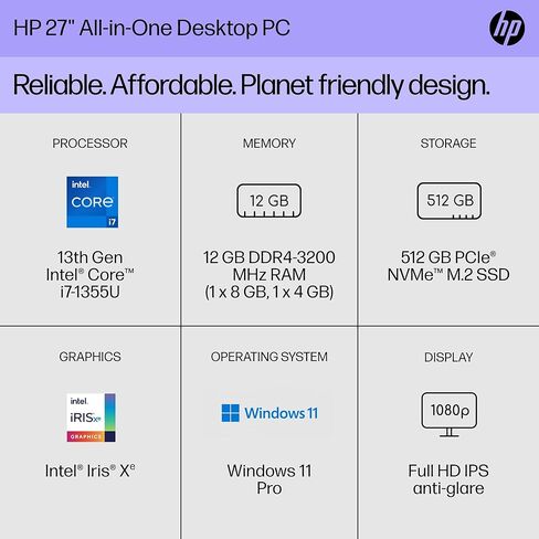 HP 27 Touchscreen All-in-One Desktop Computer - 27" FHD IPS Display, Intel 12-Core Ultra7-155U, Intel Graphics, Adjustable Height, Win 11 Pro, Keyboard & Mouse, Business AIO, 64GB DDR5 RAM | 1TB SSD in Saudi Arabia