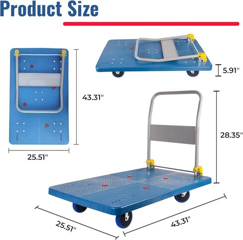 Dawot 1320lbs Foldable Platform Truck Dolly with Swivel Wheels, Heavy Duty Moving Platform Hand Truck, Moving Flatbed Cart Push Cart Platform Dolly Cart for Groceries, Warehouse(43.3" x 25.6") in Kuwait