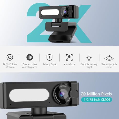 2K Webcam with Dual AI Noise-Cancelling Mics Autofocus, Auto Light Correction,120° FOV,Privacy Cover,Plug and Play Computer Camera for Microsoft Teams/Zoom/Google Voice/Skype/Facetime/YouTube,Black in Kuwait