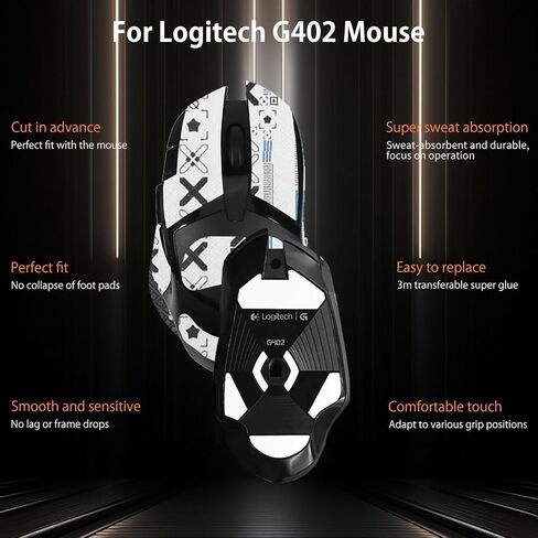 شريط قبضة الماوس لـ Logitech G402 ، حواف منحنية مدورة الزلاجات ، طقم ترقية الفئران المهنية المقاومة للعرق (لوحة القدم + شريط قبضة الماوس الأبيض) in Saudi Arabia