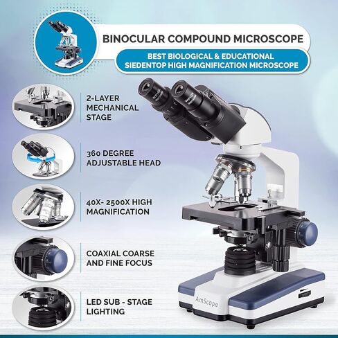 AmScope B120C-WM Siedentopf Binocular Compound Microscope, 40X-2500X Magnification, Brightfield, LED Illumination, Abbe Condenser, Double-Layer Mechanical Stage, Includes Book in Kuwait