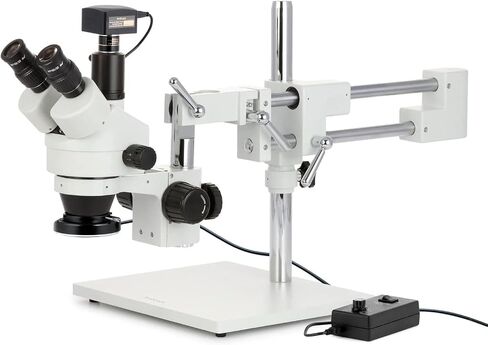 AmScope 3.5X-90X Simul-Focal Stereo Zoom Microscope on Boom Stand with 144-LED Ring Light and 18MP USB3 Camera, White (SM-4TPZ-144-18M3) in Kuwait