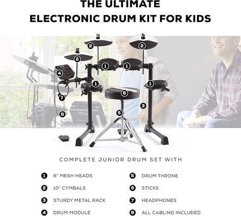 مجموعة Alesis Drums Debut Kit - مجموعة طبول للأطفال مع 4 منصات طبول كهربائية شبكية هادئة، و120 صوتًا، ومقعد طبل، وعصي الطبل، وسماعات الرأس، و60 درسًا للألحان in Kuwait