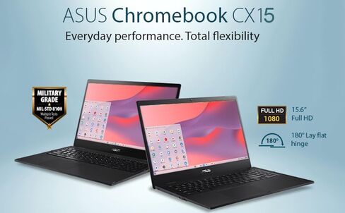 ASUS CX15 Everyday Value Chromebook 15.6" FHD Display (Intel Celeron N4500, Intel UHD Graphics, 8GB LPDDR4, 64GB eMMC, WiFi 6, Webcam, Bluetooth 5.2, 45W PSU, Chrome OS) (Renewed) in Saudi Arabia