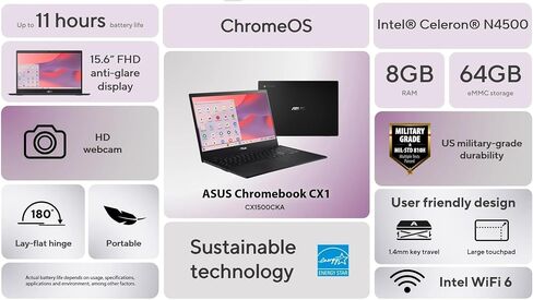 ASUS CX15 Everyday Value Chromebook 15.6" FHD Display (Intel Celeron N4500, Intel UHD Graphics, 8GB LPDDR4, 64GB eMMC, WiFi 6, Webcam, Bluetooth 5.2, 45W PSU, Chrome OS) (Renewed) in Saudi Arabia