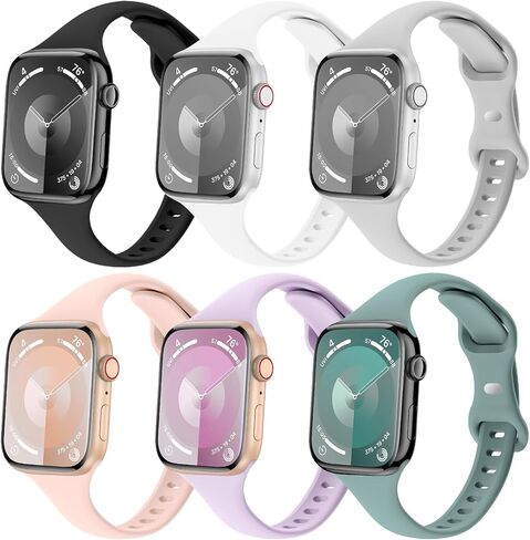 6 Pack Slim Thin Bands Compatible with Apple Watch 38mm 40mm 41mm 42mm 44mm 45mm 46mm 49mm Women Men, Replacement Soft Silicone Sport Strap for iWatch Series 11/10/9/8/7/6/5/4/3/2/1 Ultra SE in Saudi Arabia