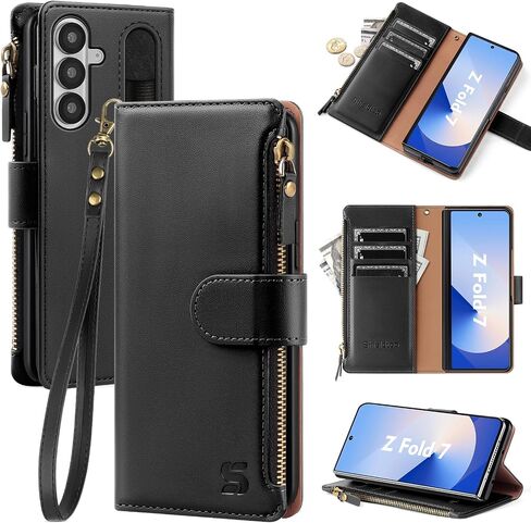 Compatible with Samsung Galaxy Z Fold7 5G Wallet Case with Card Holder,Fold 7 Phone Case Women Men RFID Blocking PU Leather Flip Protective Cover Wrist Strap Credit Card Slots,Blue in Kuwait