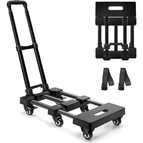KEDSUM Upgraded Folding Hand Truck, 600lbs Heavy Duty Foldable Dolly Cart, Adjustable Handle Luggage Cart, Utility Cart with 6 Wheels & 2 Lashing Straps for Airport, Travel, Moving, Shopping, Office