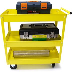 30in Large Steel Service Cart - Utility Carts with Wheels - 3 Shelf - Metal - 400 lbs Capacity - Shop Rolling Tool Carts - Yellow