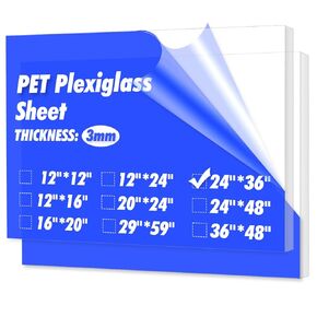 Art3d (2 Pack) 1/8" Thick Plexiglass Sheets - 36" x 24" PET Clear Acrylic Sheets for Art Design，Craft Projects, Signs, DIY in Home, Wedding, Festival,Party,Office