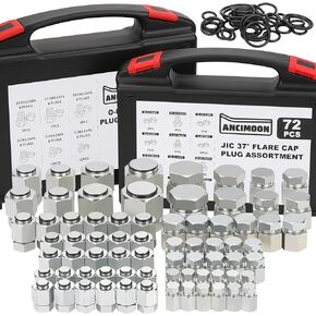 144PCS Hydraulic JIC 37 Degree and ORFS Flat Face Cap and Plug Assortment Kit, Size 4 6 8 10 12 16 for Hose Pipe Tubing, 36PCS Replacement O-Ring Seal Included