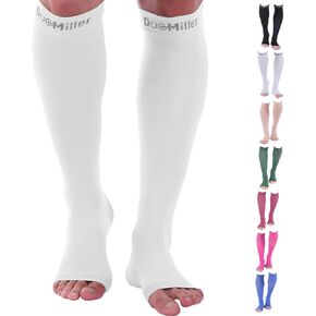 Doc Miller Open Toe Compression Socks, 20-30 mmHg, Toeless, Support Circulation, Shin Splints, Calf Recovery, Post Op, Knee High, Medical Grade, Black Socks, Large Size for Tall Men & Women, Pair