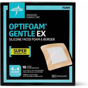 Medline Optifoam Gentle EX Bordered Foam Adhesive Dressing, 4" x 4" Square (10 Count)