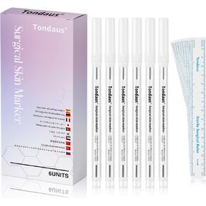 6Pcs Professional Surgical Tip Skin Marker Pen White Stencil Markers Pen with Paper Ruler for Eyebrow, Tattoo Skin Marking Individually Wrapped 1.0 MM