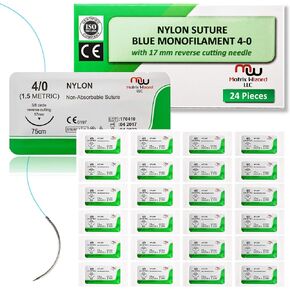 4-0 Sterile Suture Threads with Needle (24 PK Nylon) - Camping Survival Demo, Military Tactical Drill, Clinic Rotation Suturing, First Aid Travel Safety, Taxidermy, Veterinary Use
