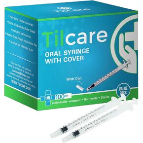 1ml Oral Dispenser Syringe with Cover 100 Pack by Tilcare - Sterile Plastic Medicine Droppers for Children, Pets & Adults – Latex-Free Medication Syringe Without Needle - Syringes for Glue and Epoxy