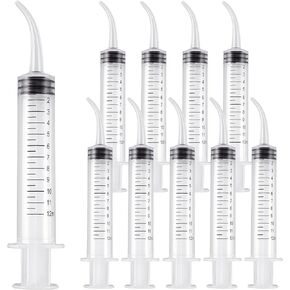 JMU 10 Pcs Dental Irrigation Syringe with Curved Tip, 12cc Wisdom Teeth Syringe with Measurement, Curved Syringe Dental, Tonsil Stone Syringe for Dental Care Lab