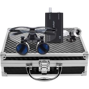 New 3.5x 420mm Surgical Binocular Loupes +Head Light Lamp +Aluminum Box(Black)