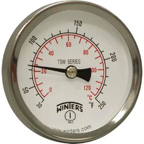 Winters TSW174LF Well Hot Water Thermometer, 1/2" NPT, 30 to 250 degrees F, ±1% accuracy