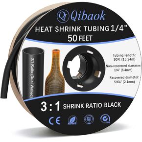 Qibaok Heat Shrink Tubing - 3:1 Ratio Adhesive Lined - Marine Grade Shrink Wrap Tubing - Industrial Heat Shrink Tube Electrical- 1/8" Black - 50 Feet Roll