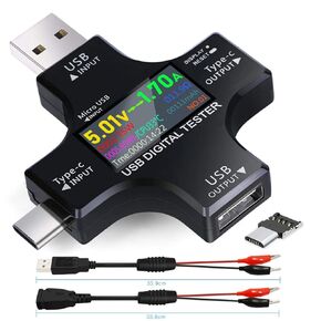 جهاز اختبار USB C، جهاز اختبار KJ-KayJI 2 في 1 جهاز قياس رقمي متعدد IPS (2022)، الجهد الكهربي، التجعيد، Pwr، المقاومة، الكهرباء، درجة الحرارة، السعة، Tme، الشحن السريع، مع دعم حمل التفريغ 3A PD2.0/PD3.0، QC2.0/QC3.0، BC1.2