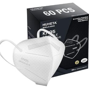 HUHETA KN95 Face Mask 60 Pack, 5-Ply Breathable & Comfortable Safety Mask, Filter Efficiency>=95%, Protective Cup Dust Masks Against PM2.5 - Individually Wrapped (White Mask)
