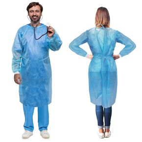 AMZ Medical Supply Disposable Isolation Gown, Large. 10 Pack of Blue 45 GSM SMS Disposable Gowns Medical. Fluid Resistant and Breathable Isolation Gowns Disposable with Knit Wrists and Long Back Ties