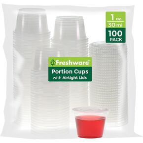 Freshware Plastic Portion Cups with Lids [1 Ounce, 100 Sets] Disposable Plastic Cups for Meal Prep, Salad Dressing, Jellos Shot Cups, Souffle Cups, Condiment and Dipping Sauce Cups