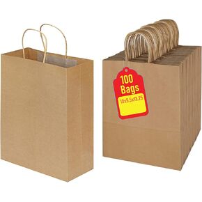 Premium 10x5x13 Paper Bags with Handles - Pack of 100, Kraft Paper Bags Ideal for Shopping, Wedding, Business, Retail, Craft, Gifts & More - Durable, 100% Recyclable Brown Quality Bags