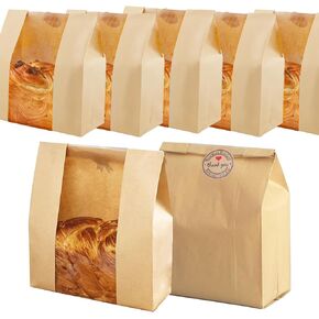 100 Pcs Paper Bread Bags for Homemade Bread, Paper Bakery Bag for Baked Food Packaging Storage, Large Kraft Paper Bread Loaf Bag with Window Label Seal Sticker included Pack of 60, 12.5x8.3x4 Inches
