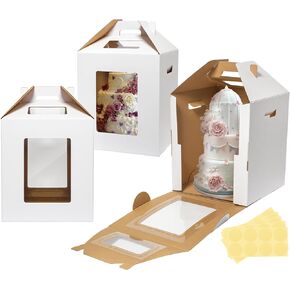 3 Pack Tall Cake Boxes for Tier Cakes 10x10x12 Inch Disposable Layer Tall Cake Carrier with Window Large Tierd Cake Take Out Transport Containers with Handle for Wedding, Birthday, Party