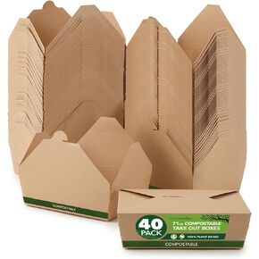(Set of 50) 30oz Compostable Food Take Out Containers Disposable, Small Microwaveable Paper To Go Boxes, Grease Resistant Natural Kraft Cardboard Lunch Box, Takeout, Biodegradable, Eco-Friendly