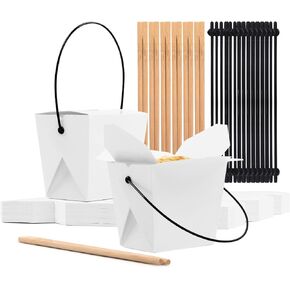 Chinese Take out Boxes,50 Set 16 oz Food Containers Disposable Chopsticks Paper Chinese Food Pails Metal Wire Handle Containers,for Hot & Cold Meals, Restaurant Supplies, Biodegradable
