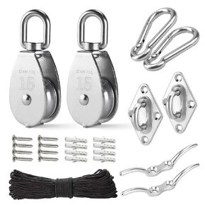 LAIWOO M25 Stainless Steel Pulley System Kit-Heavy-Duty Pulley Wheel, Pulley Block with Nylon Rope, Hooks, Eye Pad Plate, and Rope Cleat - Ideal for Lifting, DIY Projects, and Clothesline (2 Pack)