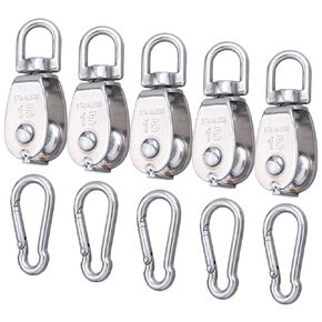 5 Pcs M15 Single Pulley Block, 304 Stainless Steel Lifting Crane Pulley, Wire Rope Hanging Pulley Wheel, with 5 Pcs Spring Snap Hook