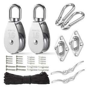 LAIWOO M15 Stainless Steel Pulley System Kit-Heavy-Duty Pulley Wheel, Pulley Block with Nylon Rope 4MM, Hooks, Eye Pad Plate, and Rope Cleat - Ideal for Lifting, DIY Projects, and Clothesline (2 Pack)