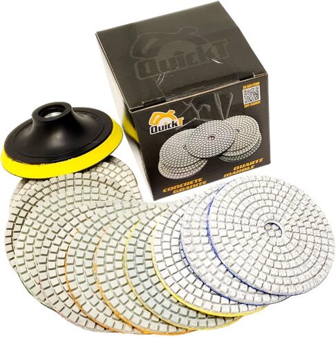 QuickT PPW702E حجر جرانيت ورخام كوارتز خرسانة 4 بوصات من الماس الرطب لتلميع الصنفرة وأدوات تلميع لمطحنة تلميع مبللة، تتضمن دليل وفيديو لتلميع سطح الطاولة in Kuwait