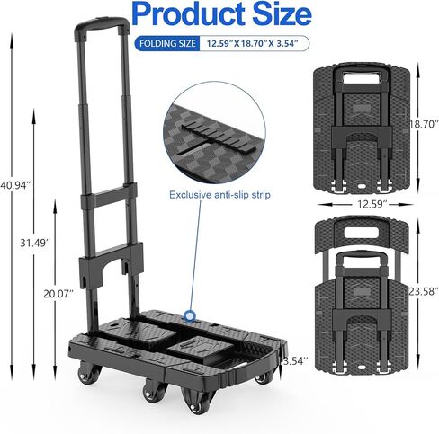 Folding Hand Truck, Pre-Installed 600lbs Heavy Duty Dolly Cart, Portable 6 Wheels Collapsible Luggage Cart with 2 Elastic Ropes for Luggage, Travel, Moving, Shopping, Office Use in Saudi Arabia