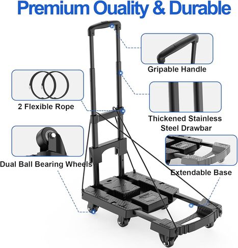 Folding Hand Truck, Pre-Installed 600lbs Heavy Duty Dolly Cart, Portable 6 Wheels Collapsible Luggage Cart with 2 Elastic Ropes for Luggage, Travel, Moving, Shopping, Office Use in Saudi Arabia