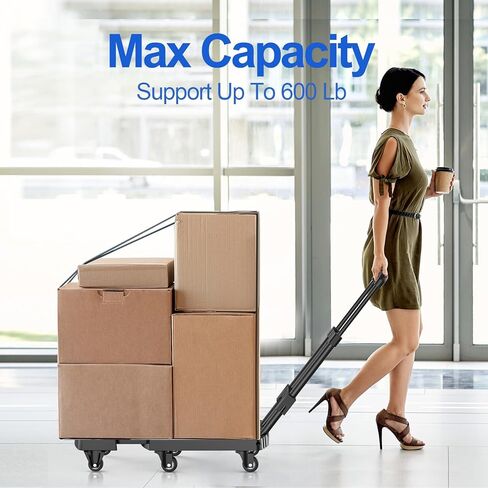 Folding Hand Truck, Pre-Installed 600lbs Heavy Duty Dolly Cart, Portable 6 Wheels Collapsible Luggage Cart with 2 Elastic Ropes for Luggage, Travel, Moving, Shopping, Office Use in Saudi Arabia