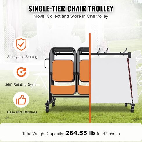 VEVOR Folding Cart Single Layer Mobile Stackable Dolly, Storage Rack Trolley with 265 Lbs Capacity to Store 42, Heavy Duty Iron Chairs Holder with 4 Casters, 2 Elastic Cords, Cover, Matte Black in Saudi Arabia