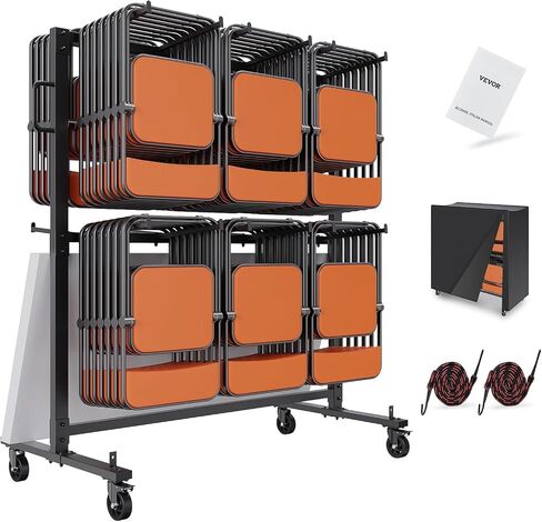 VEVOR Folding Cart Single Layer Mobile Stackable Dolly, Storage Rack Trolley with 265 Lbs Capacity to Store 42, Heavy Duty Iron Chairs Holder with 4 Casters, 2 Elastic Cords, Cover, Matte Black in Saudi Arabia