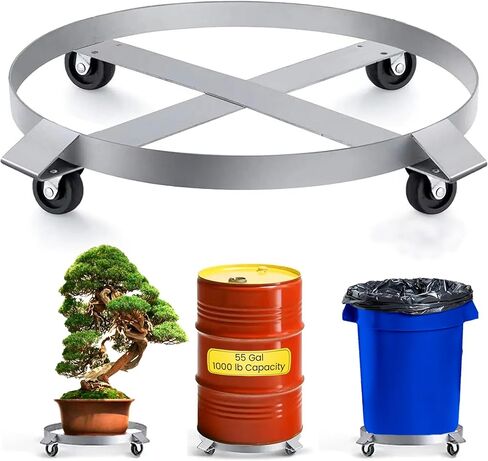 دوللي طبل سعة 55 جالون، دوللي سلة المهملات - دوللي معدنية شديدة التحمل مع دعامات متقاطعة وعجلات دوارة - سعة 1000 رطل (فضي) in Kuwait
