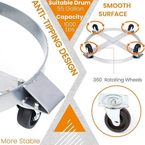 دوللي طبل سعة 55 جالون، دوللي سلة المهملات - دوللي معدنية شديدة التحمل مع دعامات متقاطعة وعجلات دوارة - سعة 1000 رطل (فضي) in Kuwait