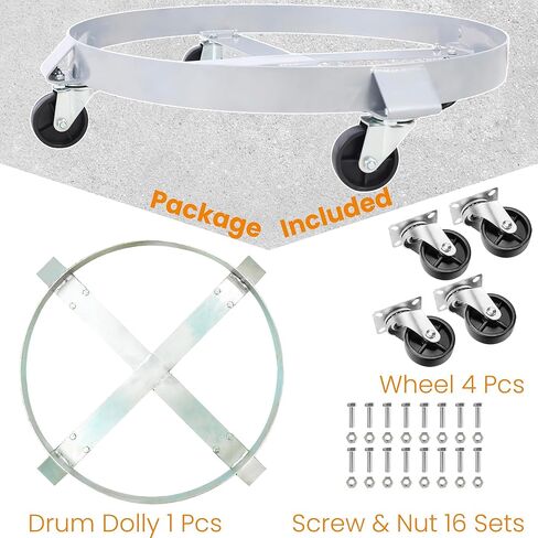 دوللي طبل سعة 55 جالون، دوللي سلة المهملات - دوللي معدنية شديدة التحمل مع دعامات متقاطعة وعجلات دوارة - سعة 1000 رطل (فضي) in Kuwait