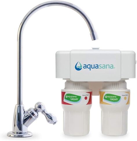 Aquasana 3-Stage Max Flow Claryum Under Sink Water Filter System - Kitchen Counter Claryum Filtration - Filters 99% Of Chlorine - Brushed Nickel Faucet - AQ-5300+.55 , White in Kuwait