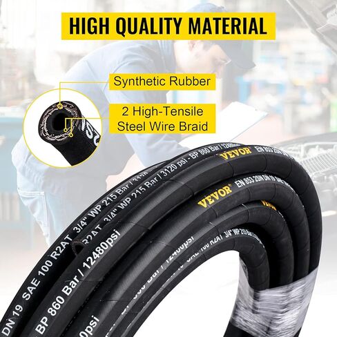 Hydraulic Hose 1/2 inch x 100 ft, Coiled Hydraulic Hose 4000 PSI, Rubber Hydraulic Hose with 2 High-Tensile Steel Wire Braid, Bulk Hydraulic Hose -20℃ to 140℃, Hydraulic Oil Flexible Hose in Saudi Arabia