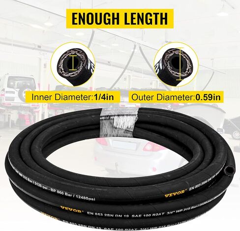 Hydraulic Hose 1/2 inch x 100 ft, Coiled Hydraulic Hose 4000 PSI, Rubber Hydraulic Hose with 2 High-Tensile Steel Wire Braid, Bulk Hydraulic Hose -20℃ to 140℃, Hydraulic Oil Flexible Hose in Saudi Arabia