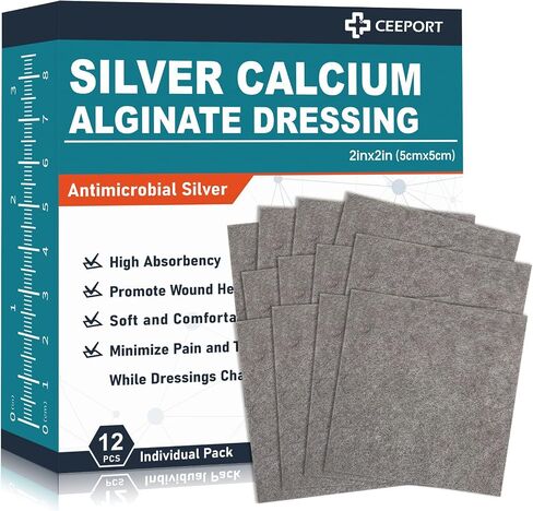2 "x 2" Ag Silver Calcium Alginate Wound Dressing Pads, 12 Individual Pack Highly Absorbent Painless Removal Dressing, Soft Silver Dressings for Wound Care, Non-Stick Gauze Pads for Wounds in Kuwait